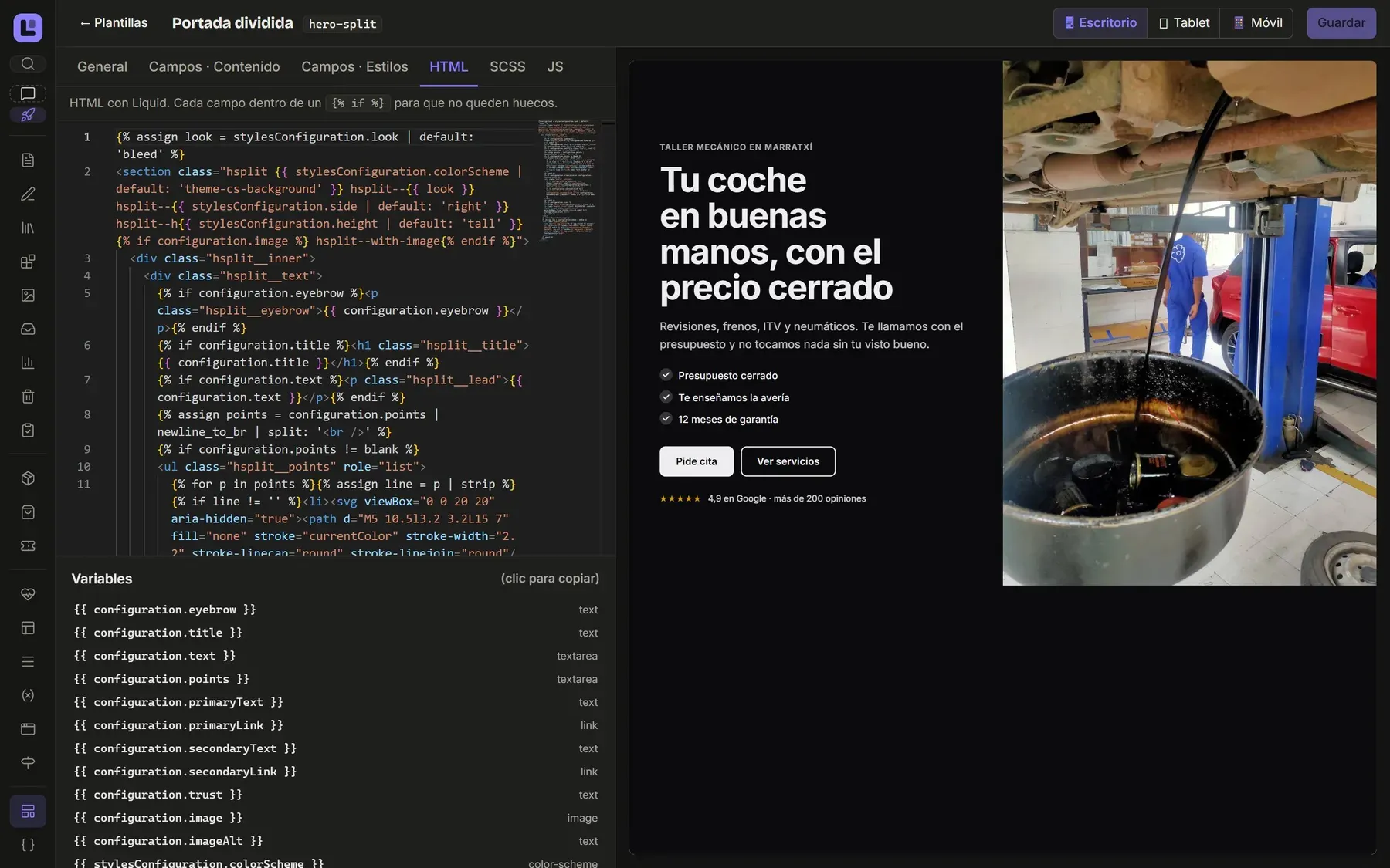 El editor de plantillas de Layo, con el código a la izquierda y la vista previa de la portada de un taller a la derecha